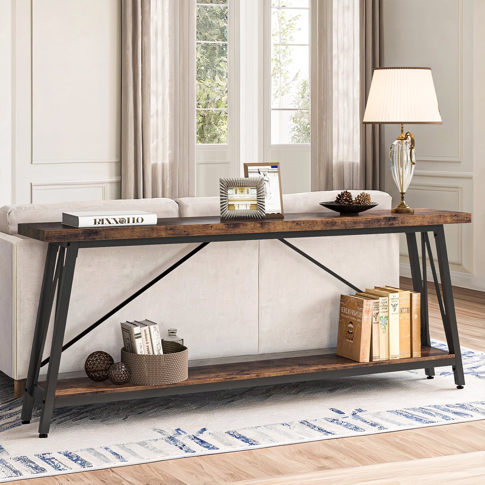 Demi Bonn 70.9" Console Table, Rustic Vintage Narrow Sofa Table for Entryway, Living Room, Hallway, Brown & Black