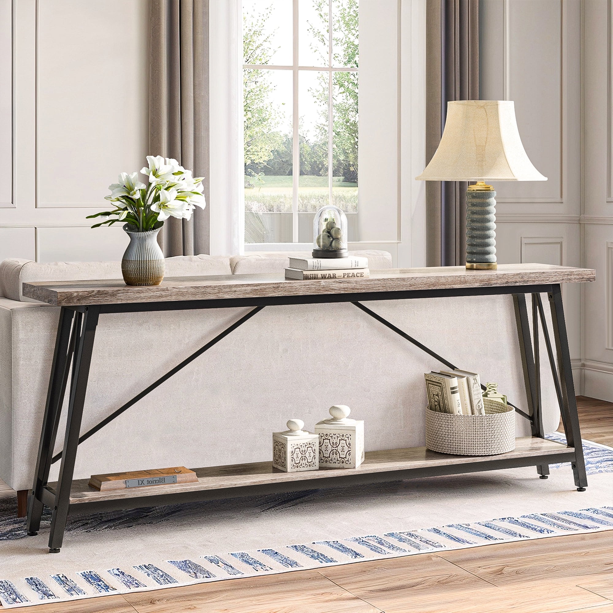 Demi Bonn 70.9" Console Table, Rustic Vintage Narrow Sofa Table for Entryway, Living Room, Hallway, Gray & Black