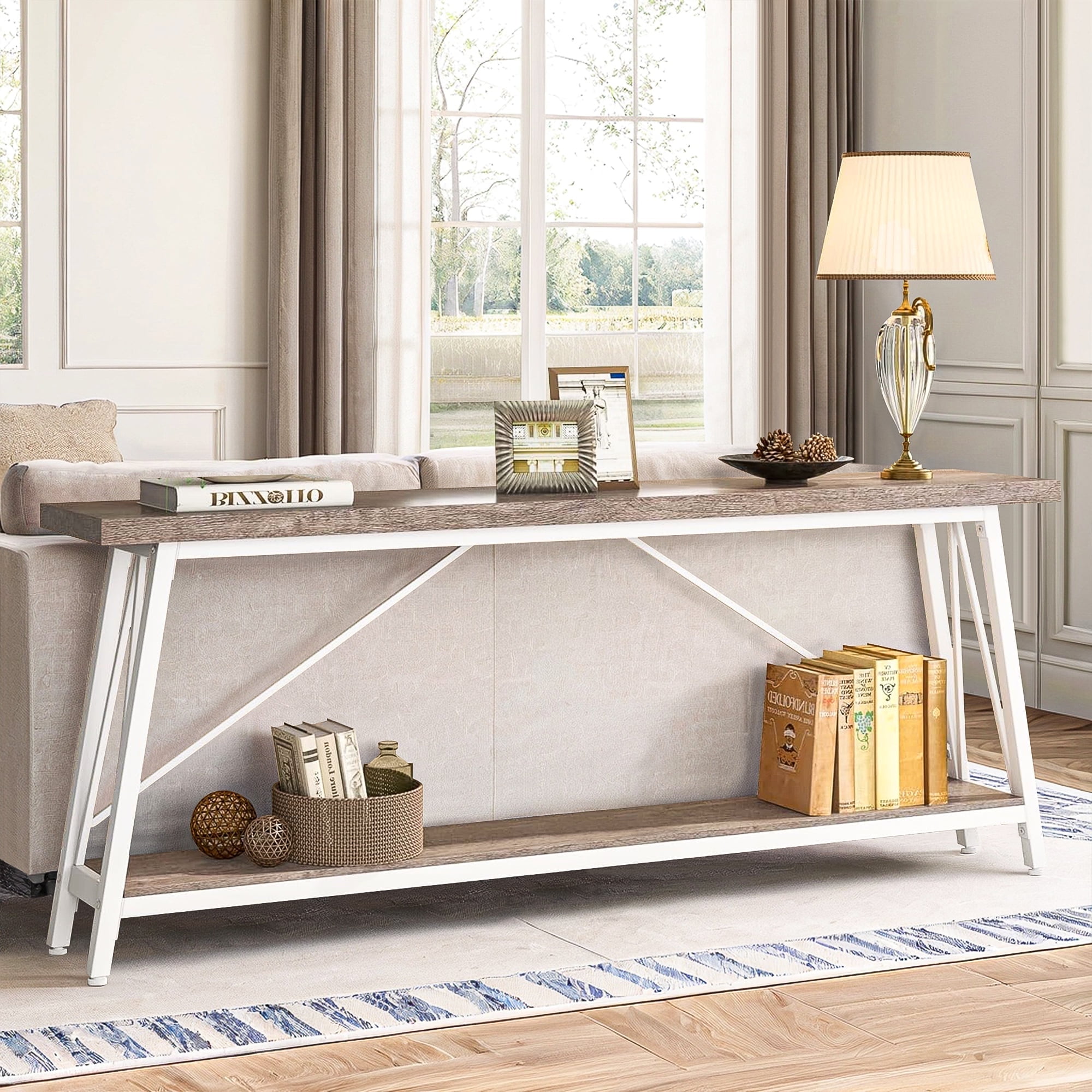 Demi Bonn 70.9" Console Table, Rustic Vintage Narrow Sofa Table for Entryway, Living Room, Hallway, Gray & White