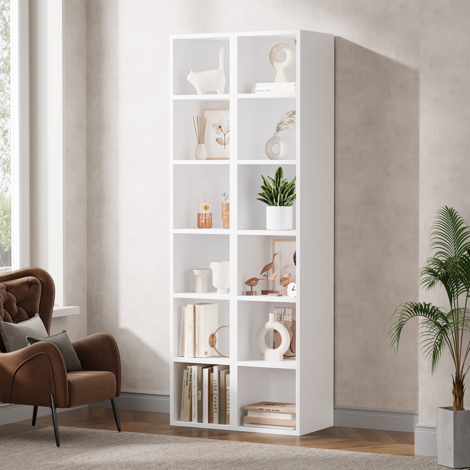 Demi Bonn 70.9" Corner Bookcase, Modern 6-Tier Narrow Cube Display Shelves for Bedroom, Living Room, White
