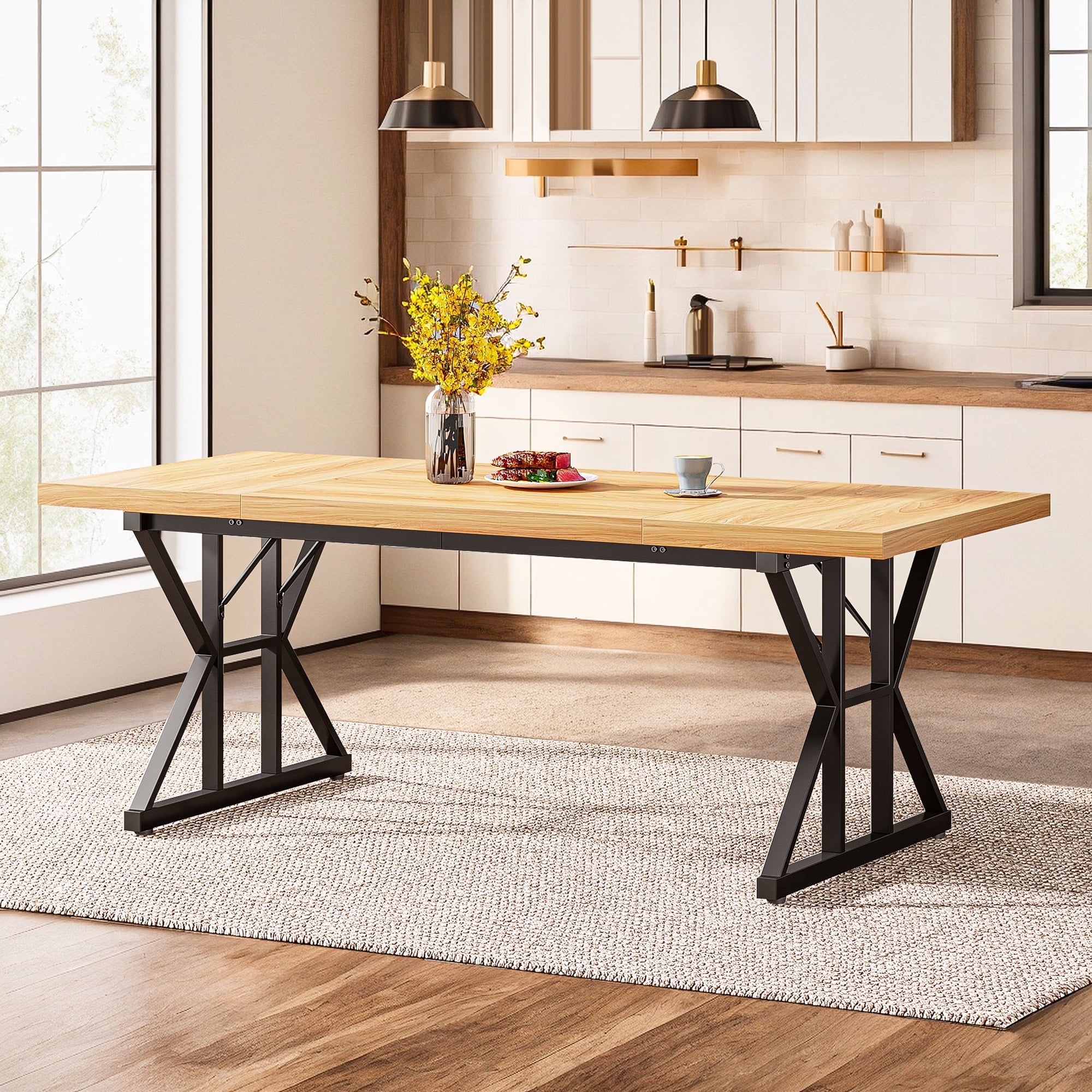 Demi Bonn 70" Large Executive Computer Desk with Metal Frame, Modern Duty Study Writing Gaming Table for Home Office, Rectangle Conference Table, Brown & Black