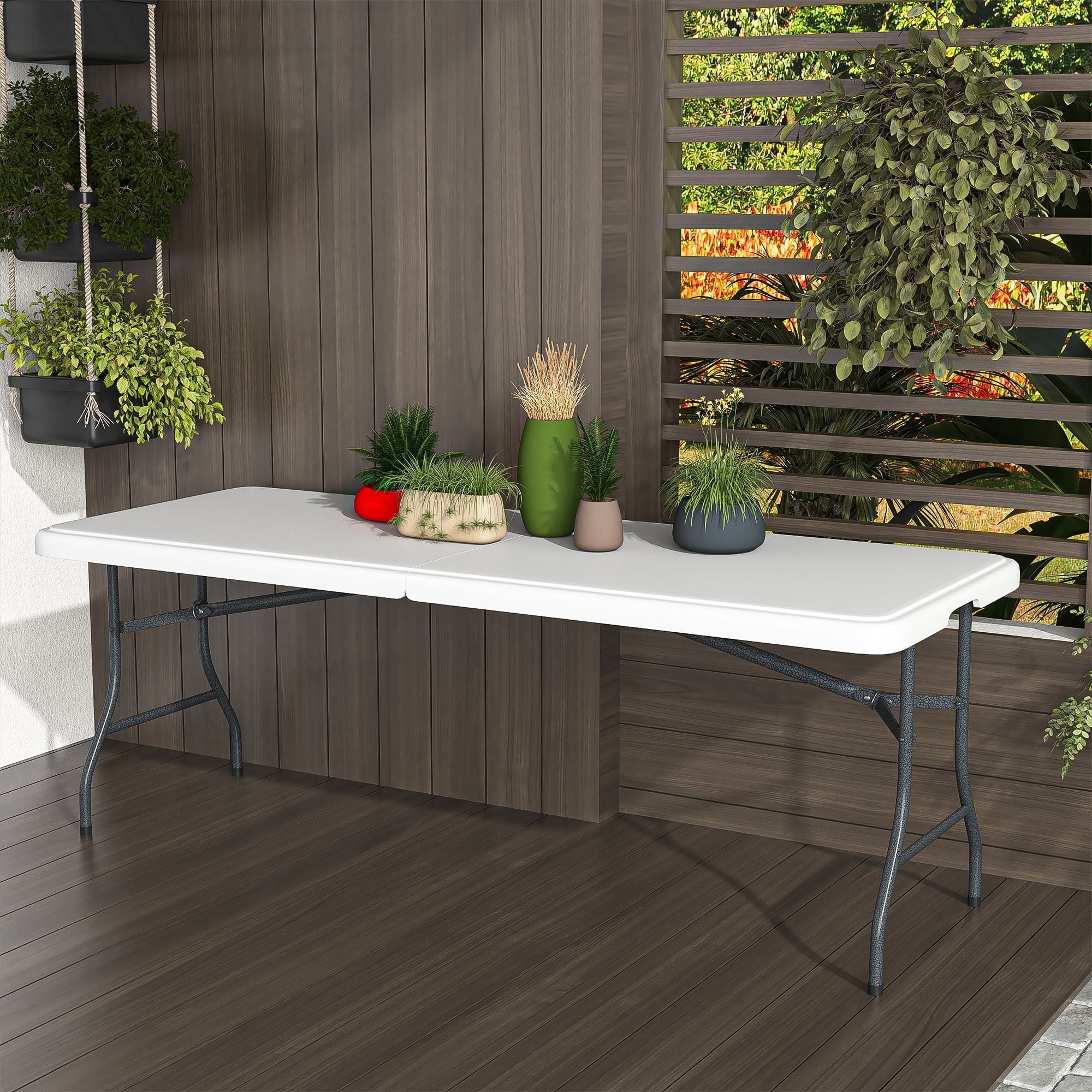 Demi Bonn 71.6"x29" Plastic Folding Table, Multipurposedoor Outdoor Duty Portable Rectangle Table with Handle, Lock for Picnic, Party, Camping, White