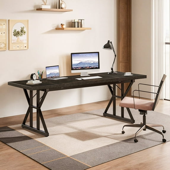 Demi Bonn 71" Farmhouse Dining Table, Wood Rustic Kitchen Table for 6 People, Large Rectangular Dinner Table for Dining Room, Home Office, Living Room Furniture, Black