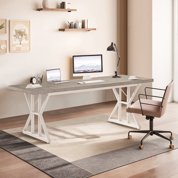 Demi Bonn 71" Farmhouse Dining Table, Wood Rustic Kitchen Table for 6 People, Large Rectangular Dinner Table for Dining Room, Home Office, Living Room Furniture, Gray & White