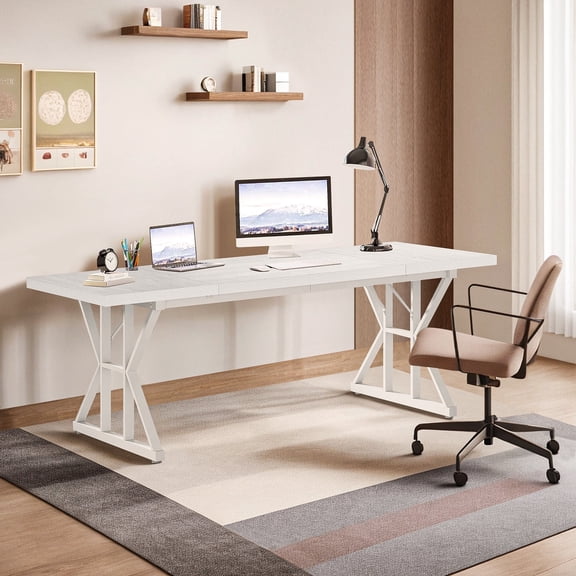 Demi Bonn 71" Farmhouse Dining Table, Wood Rustic Kitchen Table for 6 People, Large Rectangular Dinner Table for Dining Room, Home Office, Living Room Furniture, White