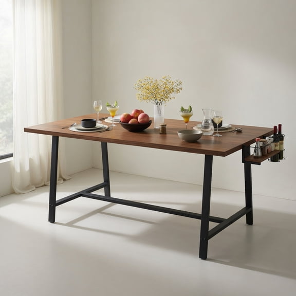 Demi Bonn 72" Dining Table Rectangular Kitchen Table with 2-Bottle Wine Rack for Kitchen, Dining Room, Dinette, Breakfast Nook, Brown