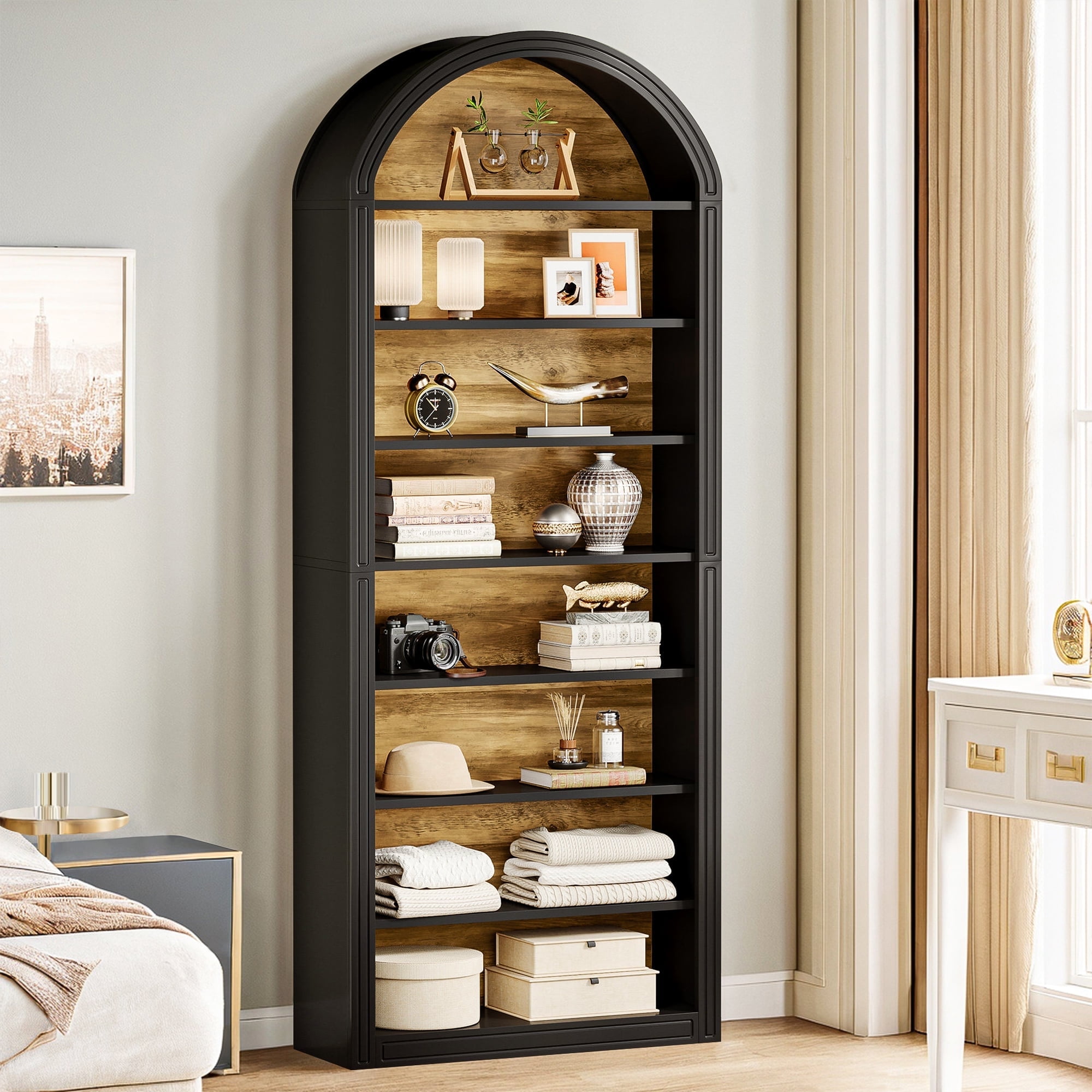 Demi Bonn 78.7" Bookshelf, 8-Tier Wooden Arched Bookcase Display Shelving Unit for Bedroom, Living Room, Black