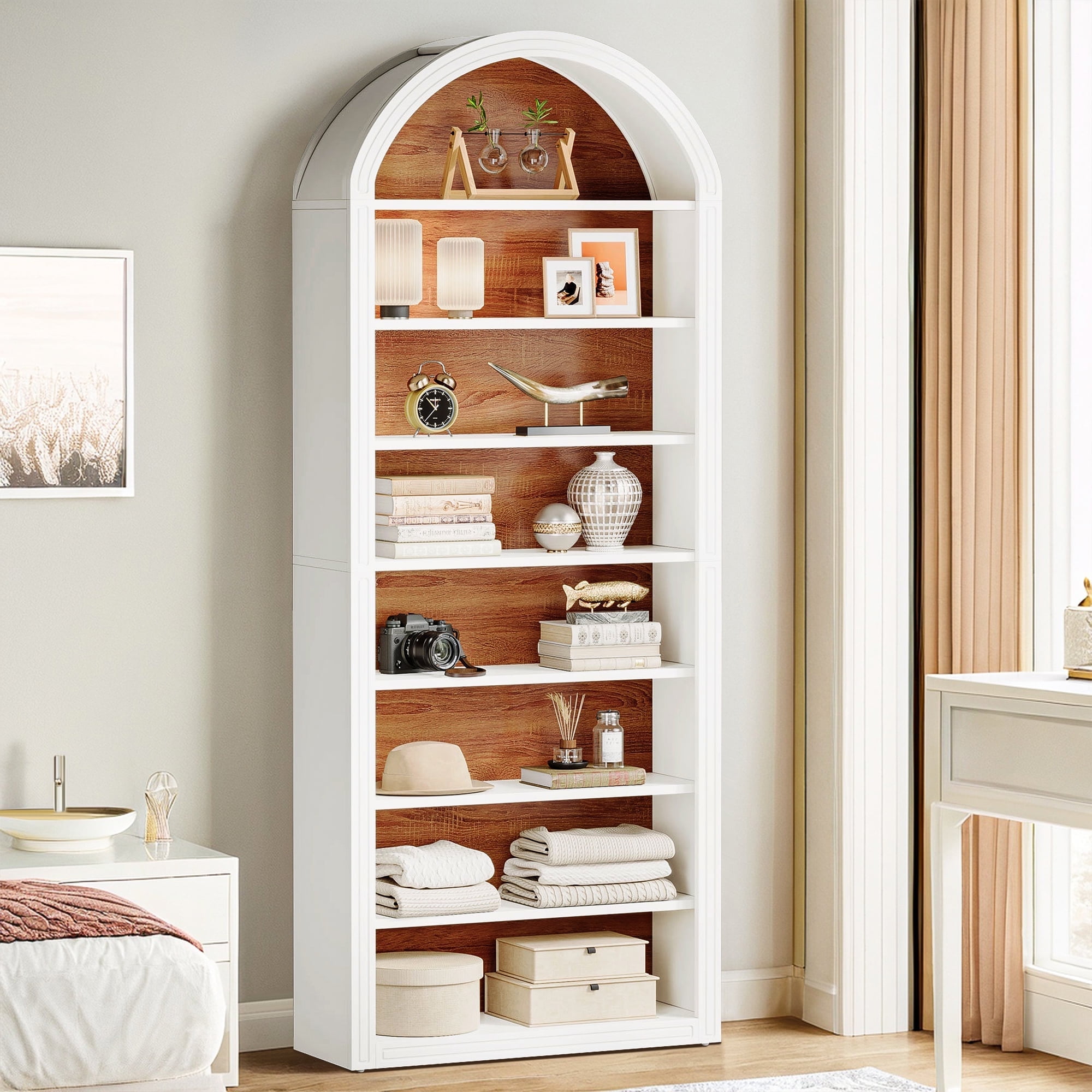 Demi Bonn 78.7" Bookshelf, 8-Tier Wooden Arched Bookcase Display Shelving Unit for Bedroom, Living Room, White