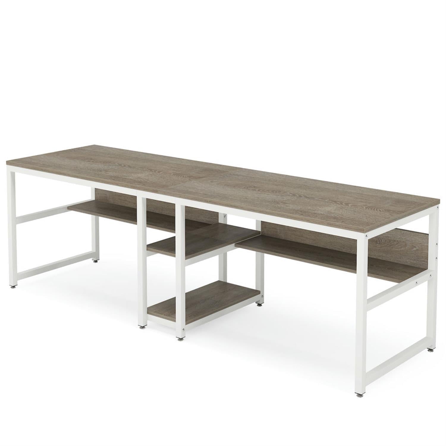 Demi Bonn 78"dustrial Two Computer Desk with Shelves, Modern Double Study Writing Gaming Table for Home Office, Gray & White