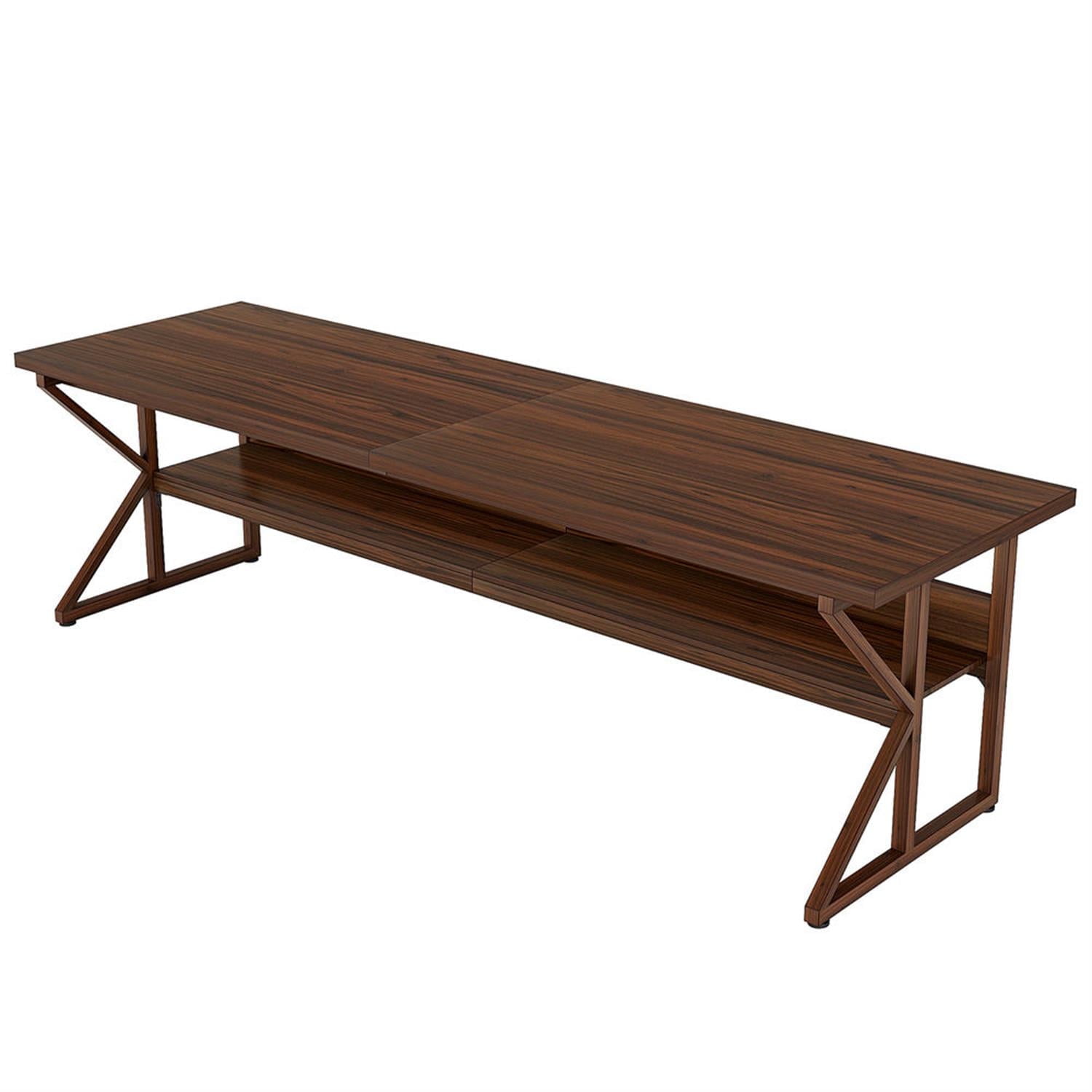 Demi Bonn 78"dustrial Two Computer Desk with Storage Shelf, Modern Double Study Writing Gaming Table for Home Office, Brown