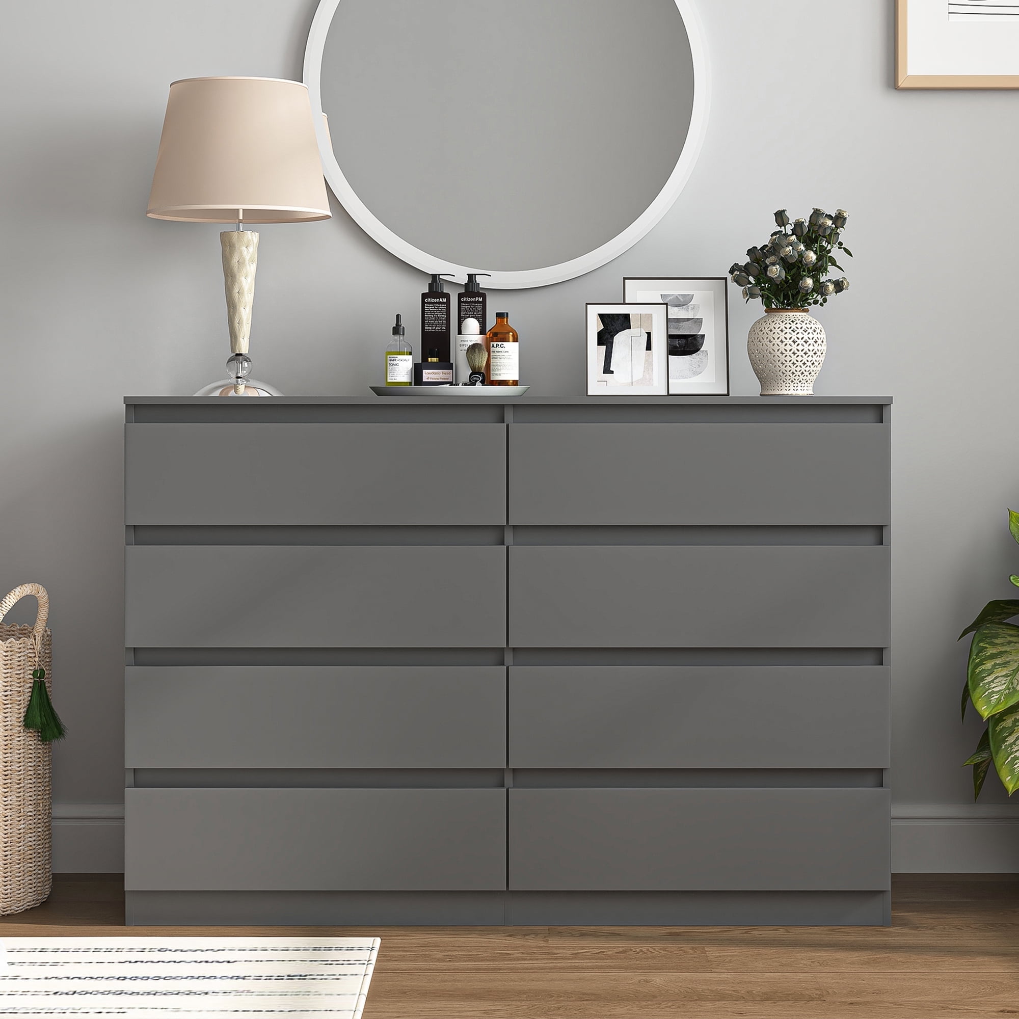 Demi Bonn 8 Drawer Double Dresser, Modern 8 Chest of Drawers with Deep Drawers, Wide Storage Organizer Cabinet for Living Room, Gray