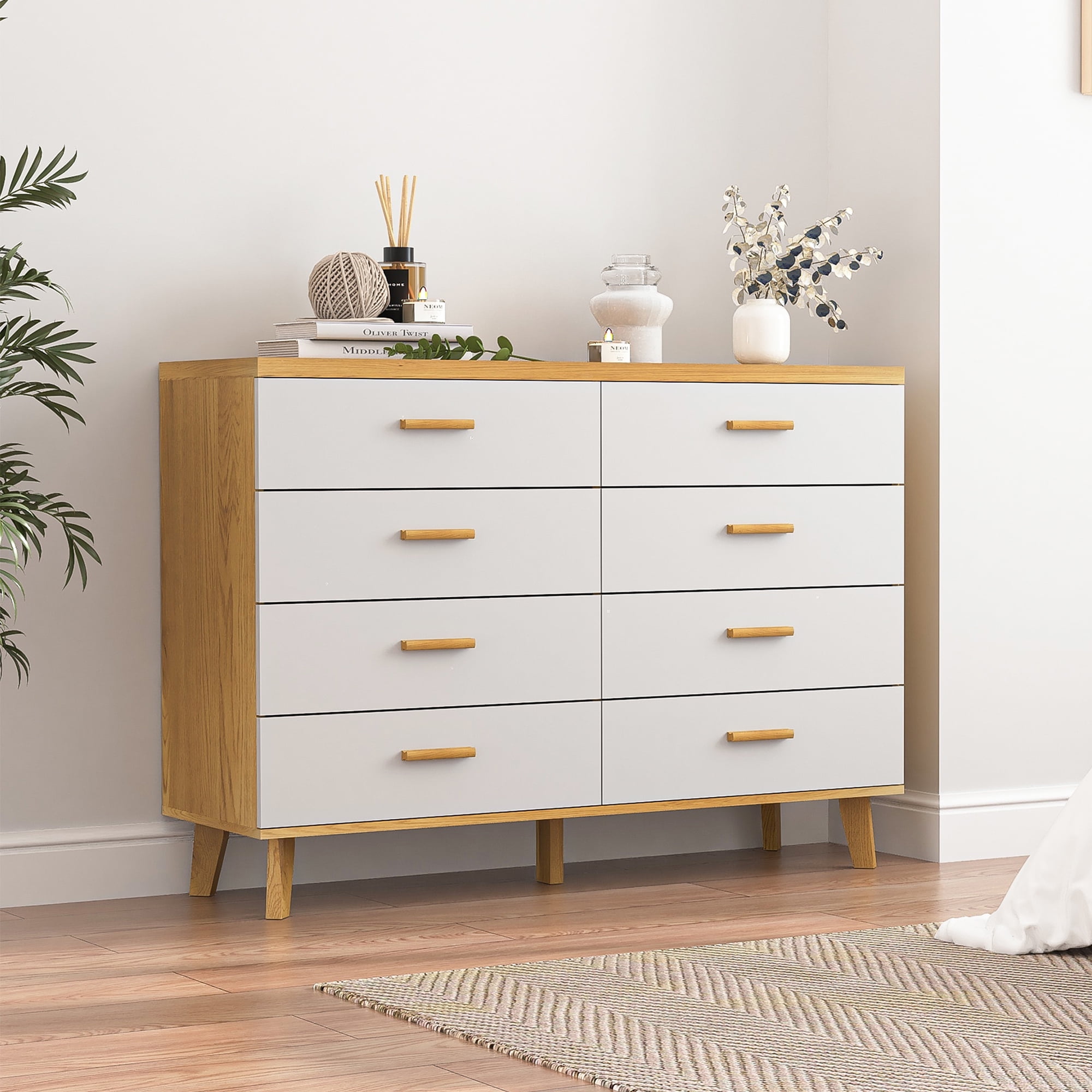 Demi Bonn 8 Drawers Chest of Dressers, Wood Double Dresser Storage Cabinet with Handle Table Leg for Bedroom, Living Room and Hallway, Beige