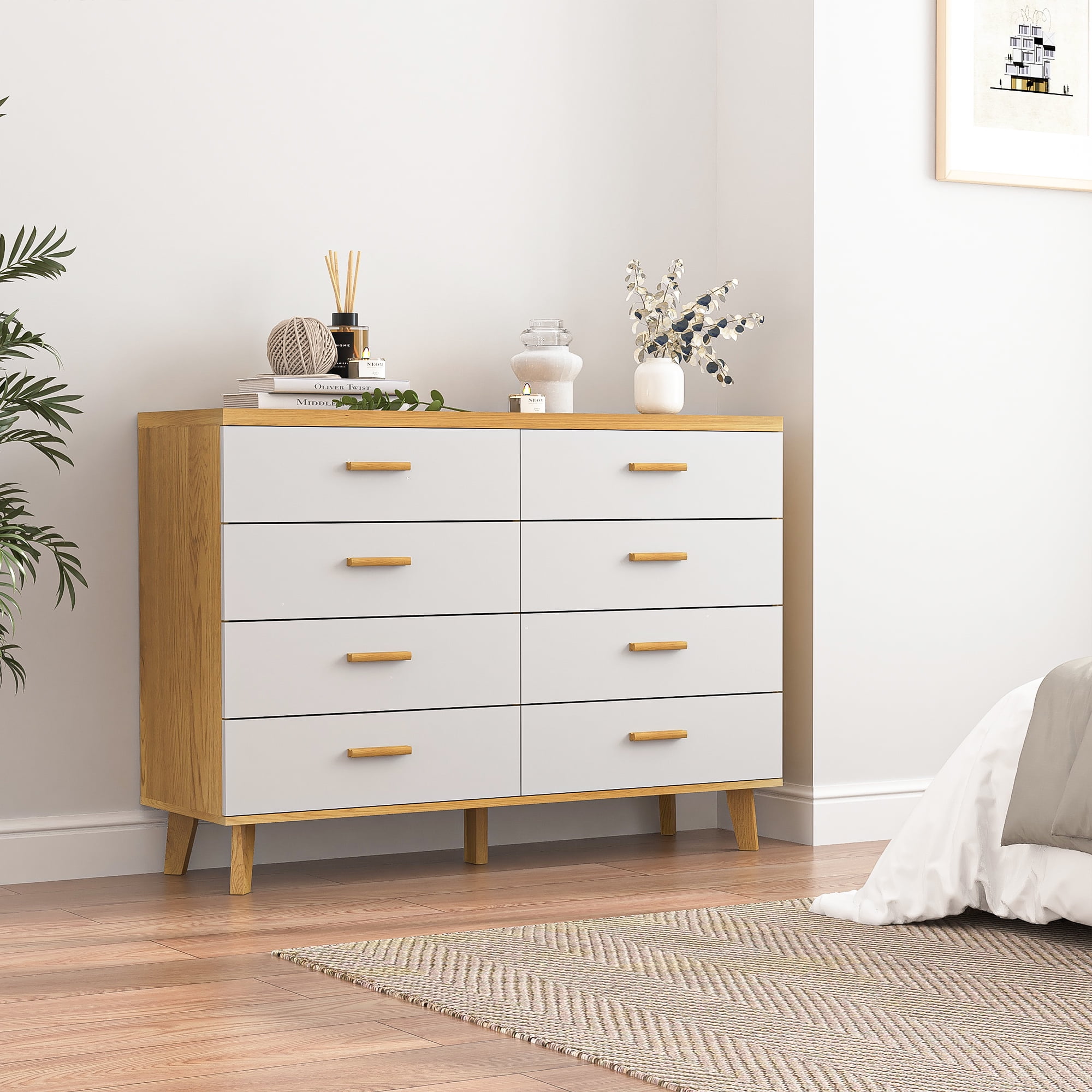Finihen 8 Drawers Chest of Dressers, Wood Double Dresser Storage Cabinet with Handle Table Leg for Bedroom, Living Room and Hallway, Beige Finihen 8 Drawers Chest of Dressers, Wood Double Dresser Storage Cabinet with Handle Table Leg for Bedroom, Living Room and Hallway, Beige