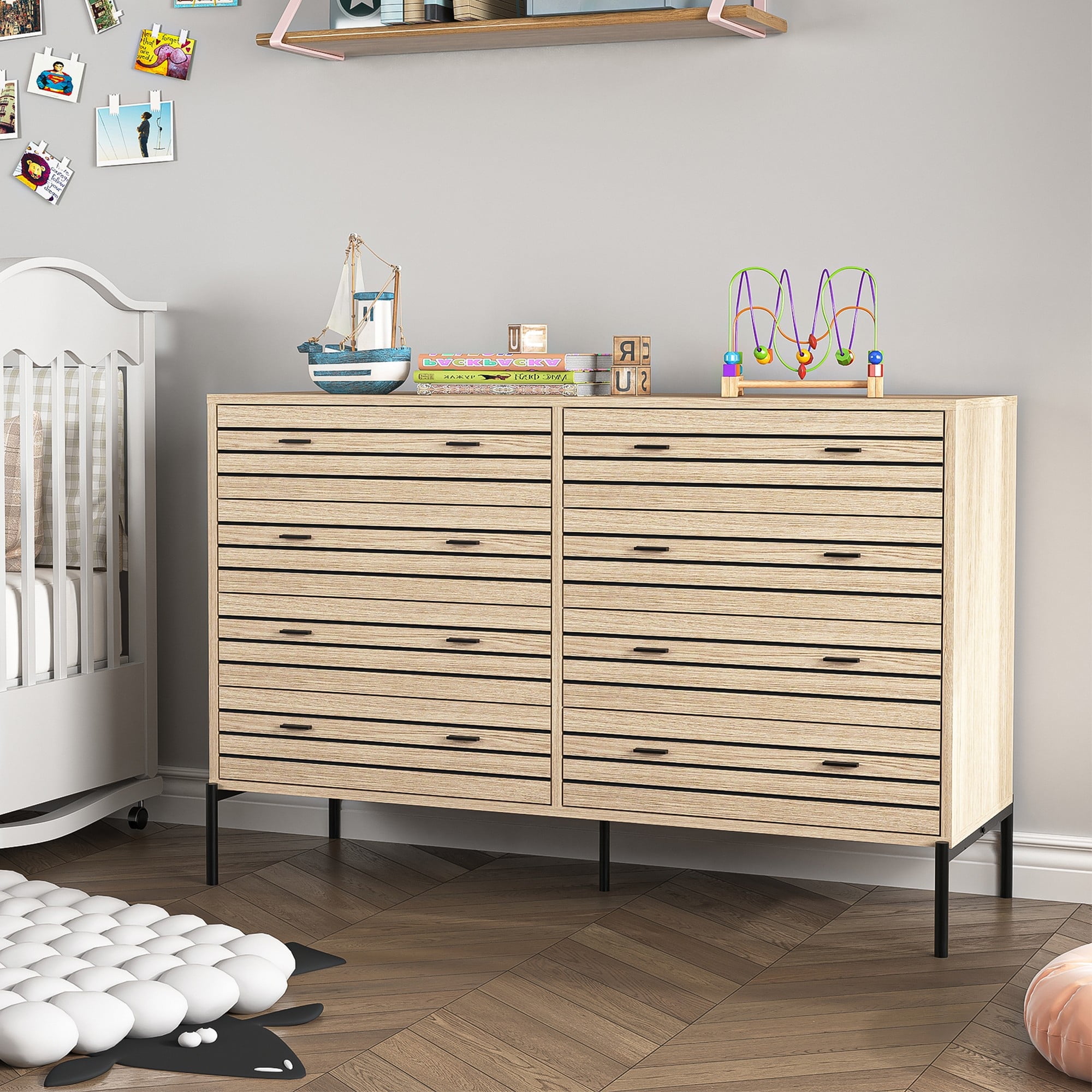 Demi Bonn 8 Drawers Dresser, 47" Wide Modern Chest of Drawers with Curved Profile Design, Wood TV Stand Organizer for Bedroom, Living Room, Hallway, Beige