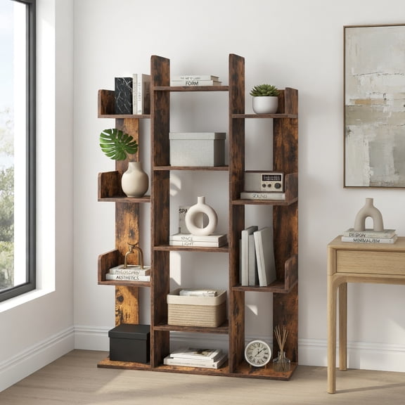 Demi Bonn 8-Tier Bookshelf Tree-Shaped Bookcase with 13 Open Compartments, Brown