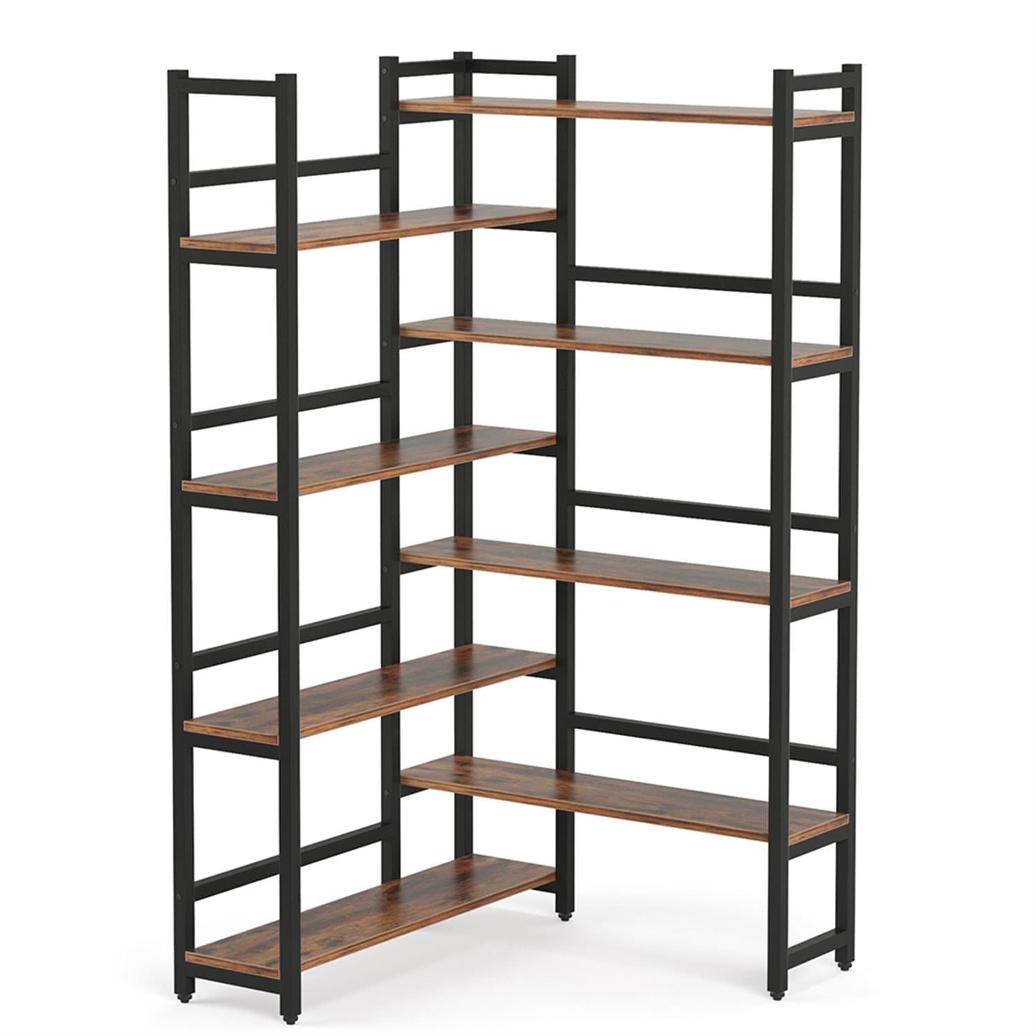 Demi Bonn 8 Tier Corner Bookshelf, Wood and Metal Bookcase Storage Organizer, 70" Tall Display Standing Shelf Unit for Bedroom, Living Room, Brown