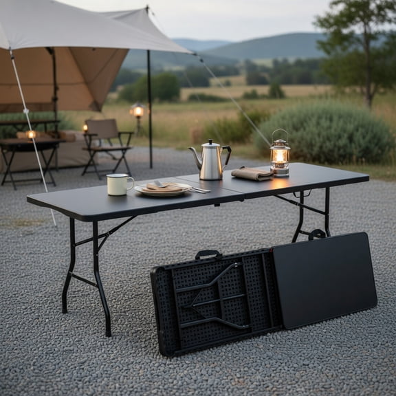 Demi Bonn 8 ft Portable Folding Table 350S Fold-in-Half Table with HDPE Tabletop fordoor Outdoor, Plastic Dining Picnic Party Camping Table, Black