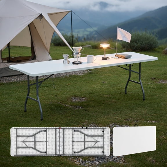 Demi Bonn 8 ft Portable Folding Table 350S Fold-in-Half Table with HDPE Tabletop fordoor Outdoor, Plastic Dining Picnic Party Camping Table, White