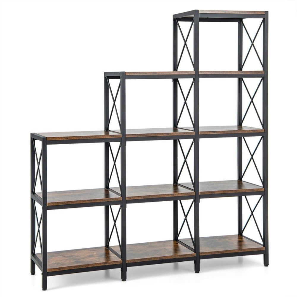 Demi Bonn 9 Cubes Bookshelf with Carbon Steel Frame for Home Office, Free Standing Ladder Bookcase, Brown