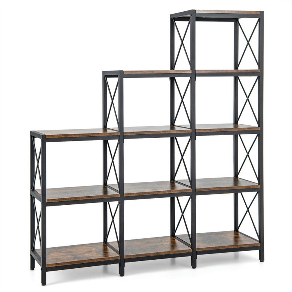 Finihen 9 Cubes Bookshelf with Carbon Steel Frame for Home Office, Free Standing Ladder Bookcase, Brown Finihen 9 Cubes Bookshelf with Carbon Steel Frame for Home Office, Free Standing Ladder Bookcase, Brown