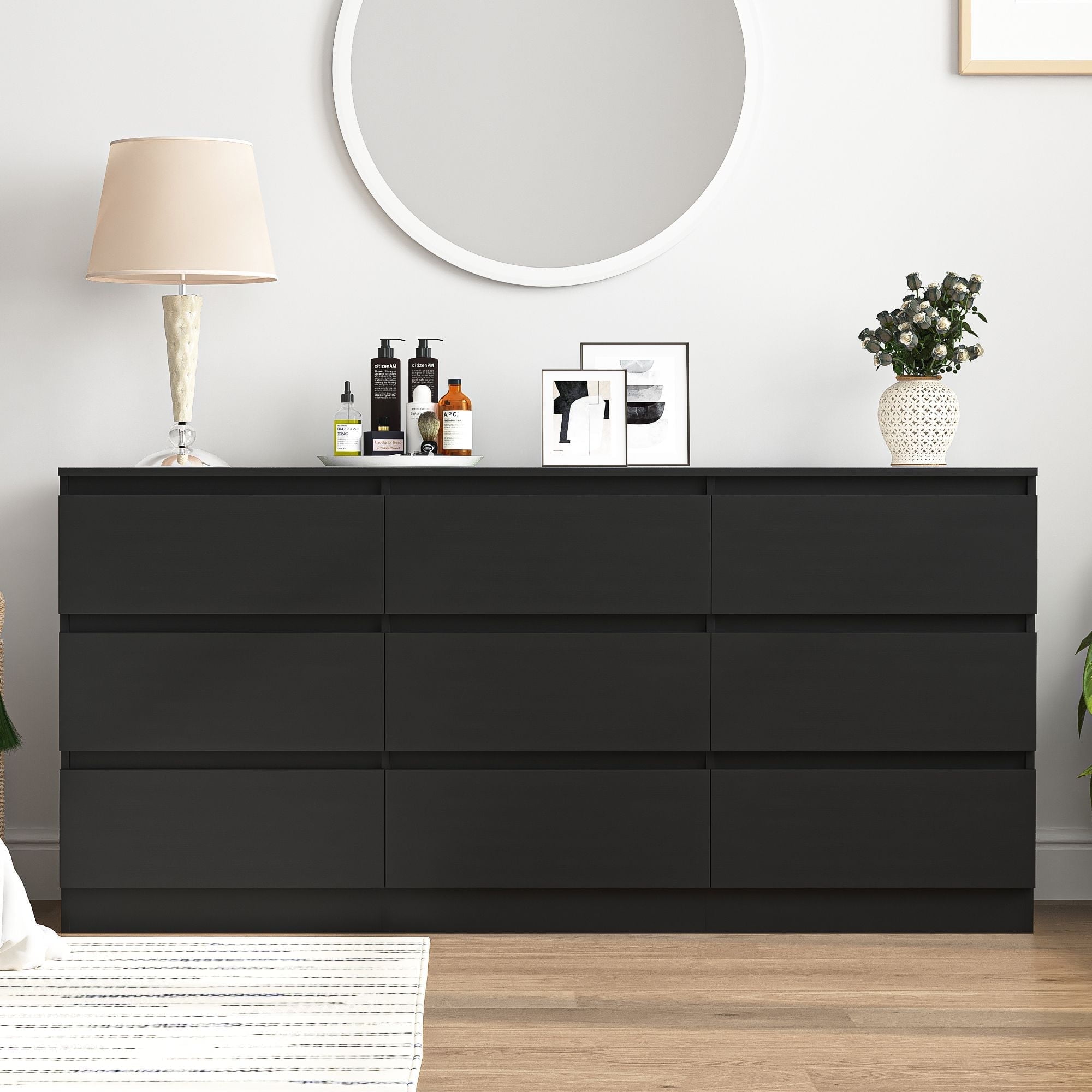 Demi Bonn 9 Drawer Double Dresser, Modern 9 Chest of Drawers with Deep Drawers, Wide Storage Organizer Cabinet for Living Room, Black