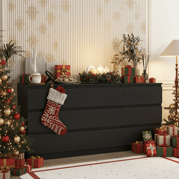 Demi Bonn 9 Drawer Double Dresser, Modern 9 Chest of Drawers with Deep Drawers, Wide Storage Organizer Cabinet for Living Room, Black