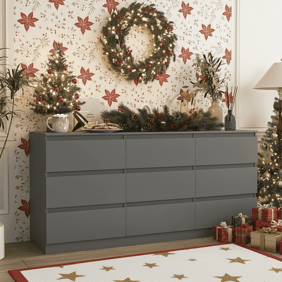 Demi Bonn 9 Drawer Double Dresser, Modern 9 Chest of Drawers with Deep Drawers, Wide Storage Organizer Cabinet for Living Room, Gray