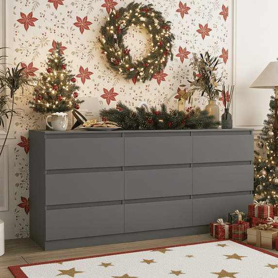 Demi Bonn 9 Drawer Double Dresser, Modern 9 Chest of Drawers with Deep Drawers, Wide Storage Organizer Cabinet for Living Room, Gray