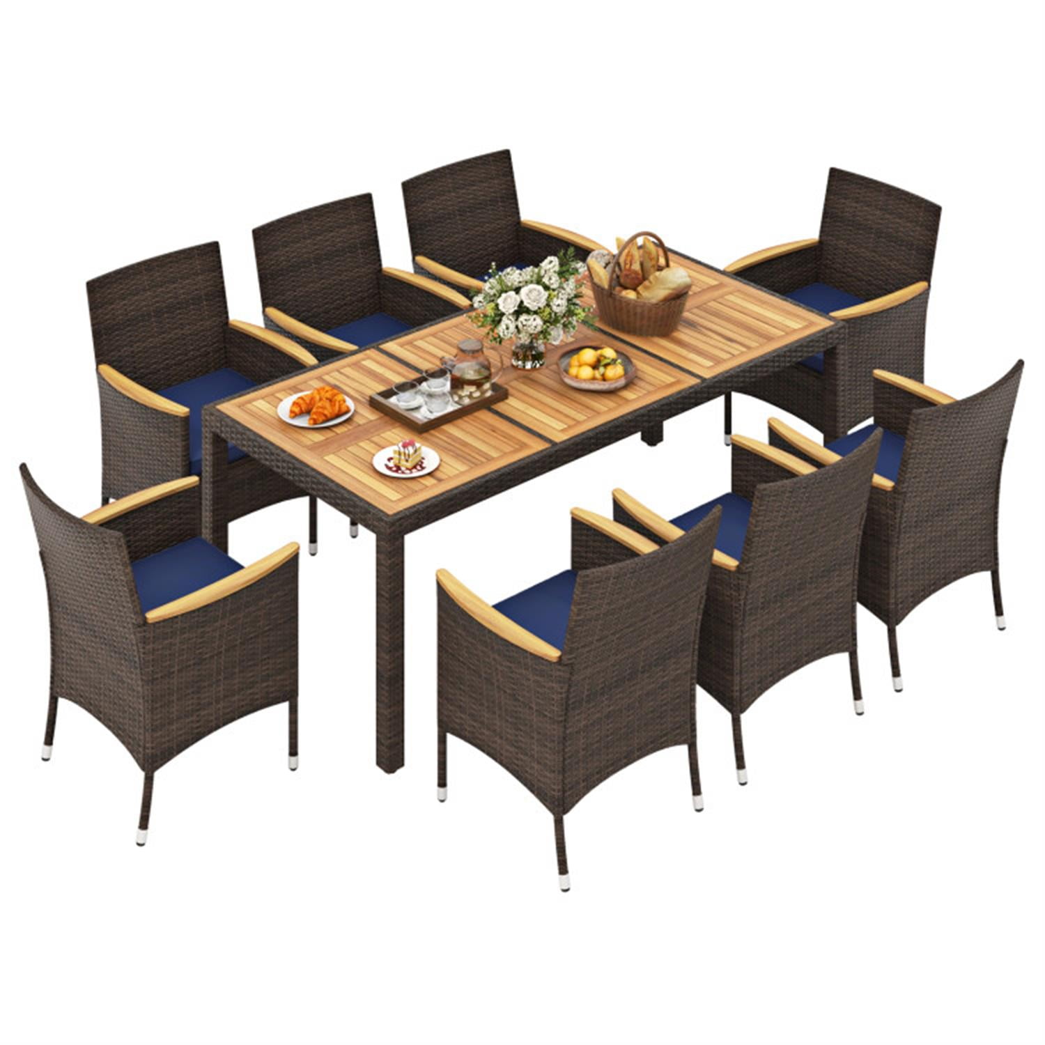 Demi Bonn 9 Piece Outdoor Dining Set with Acacia Wood Table Top, Patio Conversation Furniture Set for Balcony Patio Garden Poolside, Blue