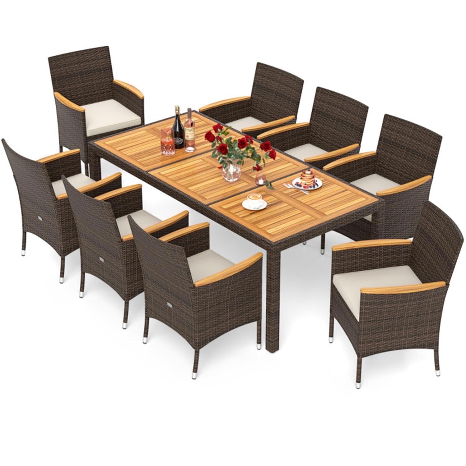 Demi Bonn 9 Piece Outdoor Dining Set with Acacia Wood Table Top, Patio Conversation Furniture Set for Balcony Patio Garden Poolside, Beige
