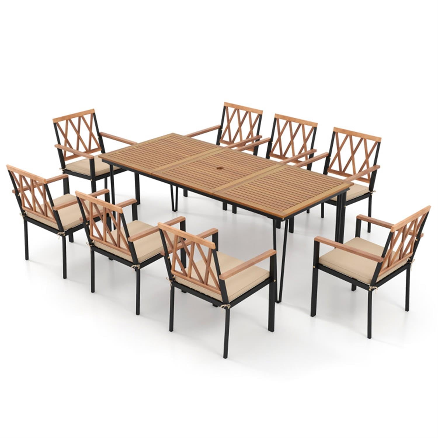 Demi Bonn 9-Piece Patio Dining Furniture Set, 35.5" Acacia Wood Table with Umbrella Hole and 22.5" Wide Chairs, Beige-A