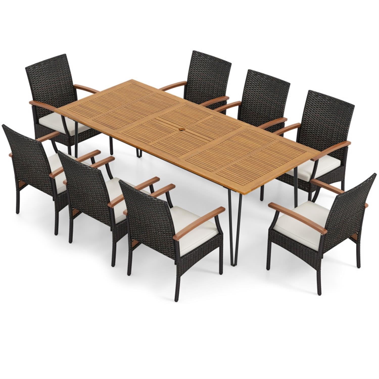 Demi Bonn 9 Pieces Patio Furniture Set with Wicker Armchairs, Soft Cushions and Acacia Wood Square Table, Conversation Dining for Garden Poolside Balcony, Brown-B