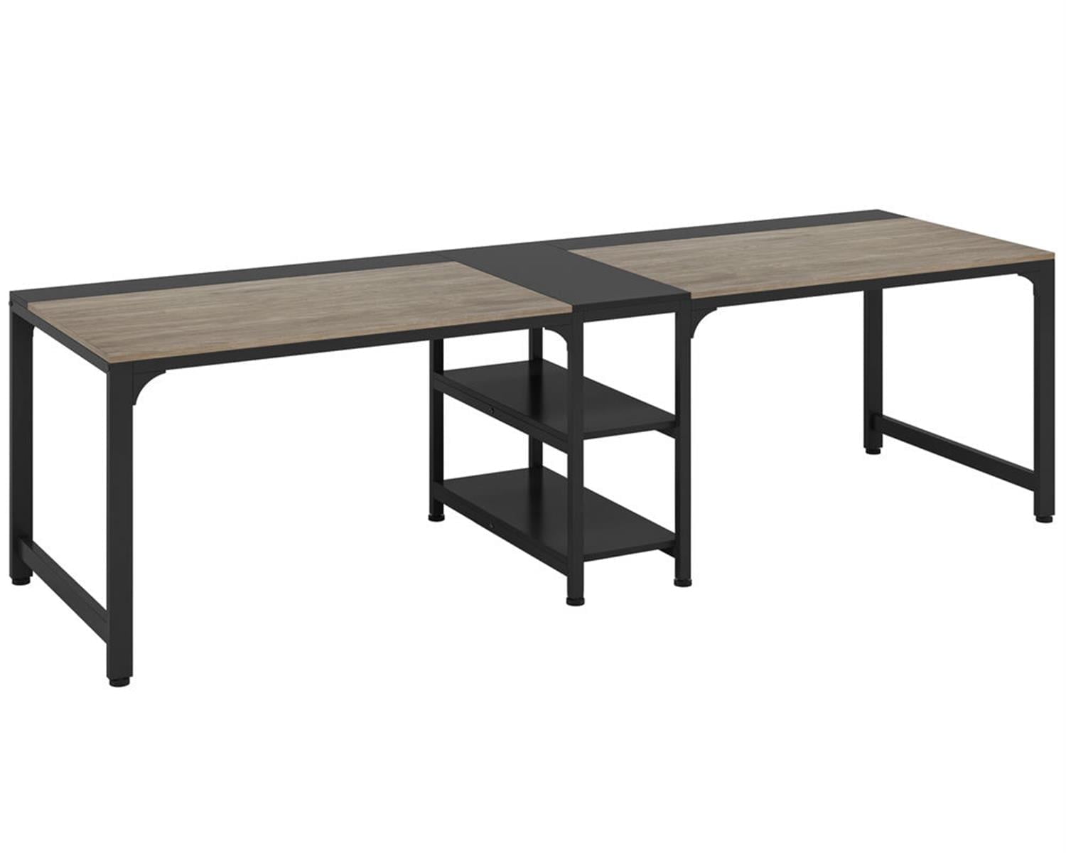 Demi Bonn 90" Industrial Two Computer Desk with Storage Shelves, Modern Double Study Writing Gaming Table for Home Office, Gray