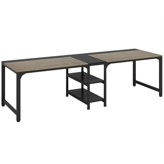 Demi Bonn 90" Industrial Two Computer Desk with Storage Shelves, Modern Double Study Writing Gaming Table for Home Office, Gray