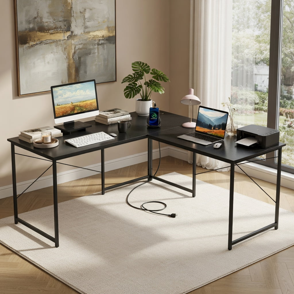 Demi Bonn 95" 2-Person L-Shaped Long Reversible Computer Desk with Monitor Stand, Small Home Office Desk Study Writing Table, Black