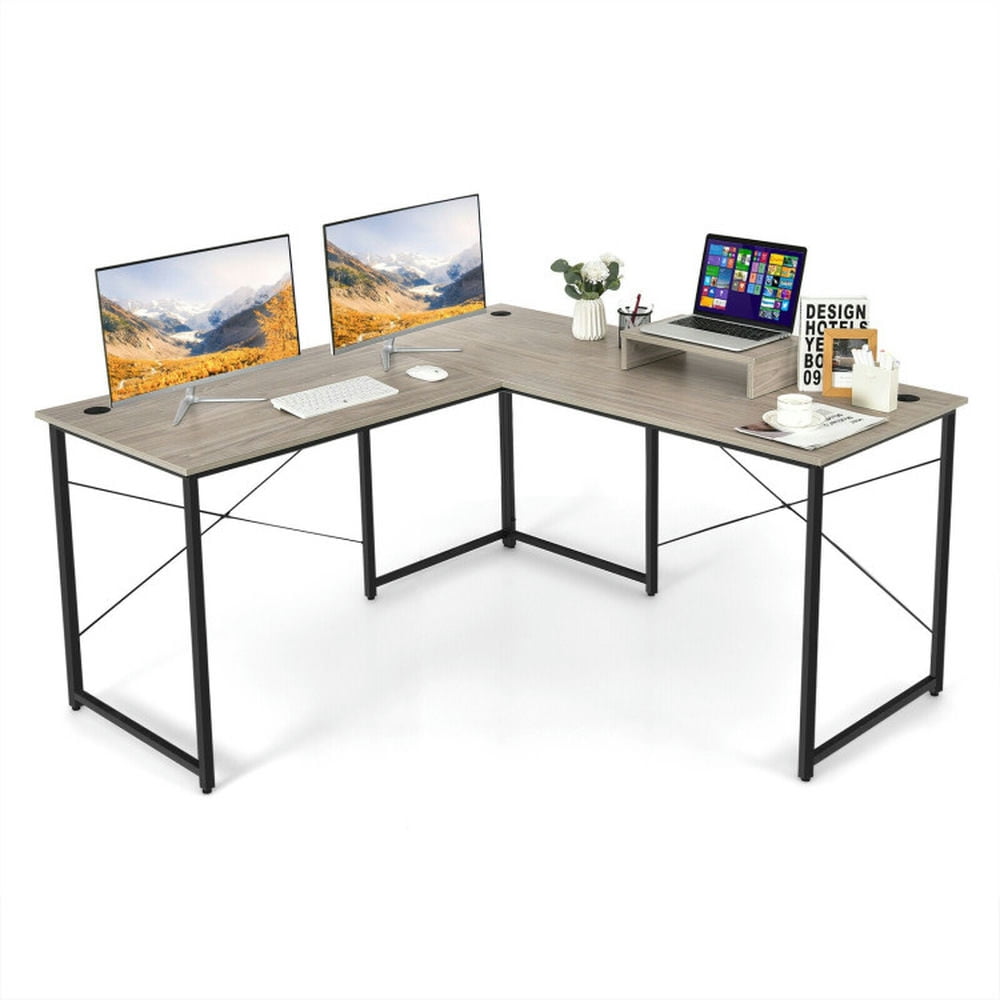 Finihen 95" 2-Person L-Shaped Long Reversible Computer Desk with Monitor Stand, Small Home Office Desk Study Writing Table, Gray Finihen 95" 2-Person L-Shaped Long Reversible Computer Desk with Monitor Stand, Small Home Office Desk Study Writing Table, Gray
