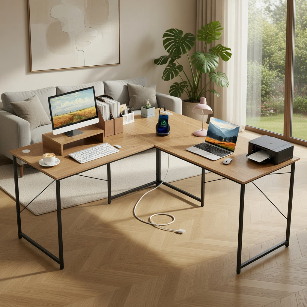 Demi Bonn 95" 2-Person L-Shaped Long Reversible Computer Desk with Monitor Stand, Small Home Office Desk Study Writing Table, Natrual