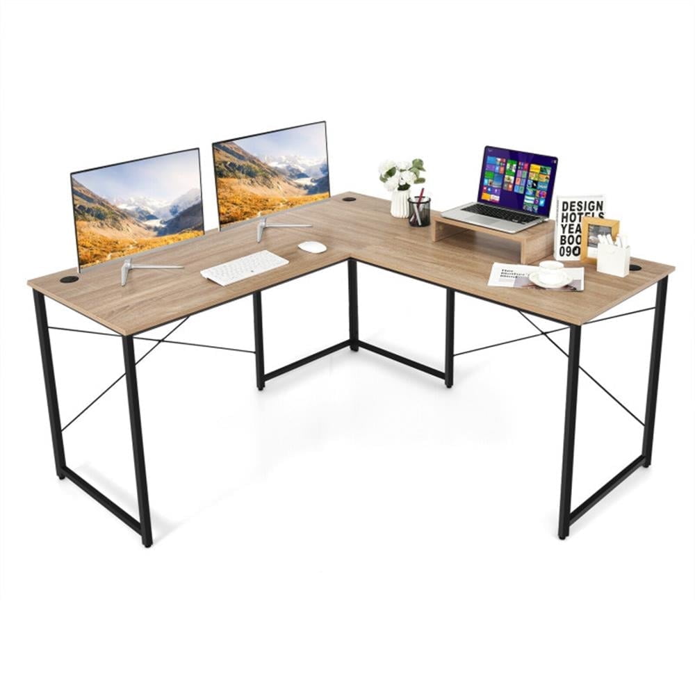 Demi Bonn 95" 2-Person L-Shaped Long Reversible Computer Desk with Monitor Stand, Small Home Office Desk Study Writing Table, Natrual