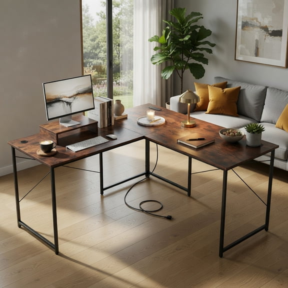 Demi Bonn 95" 2-Person L-Shaped Long Reversible Computer Desk with Monitor Stand, Small Home Office Desk Study Writing Table, Rustic Brown