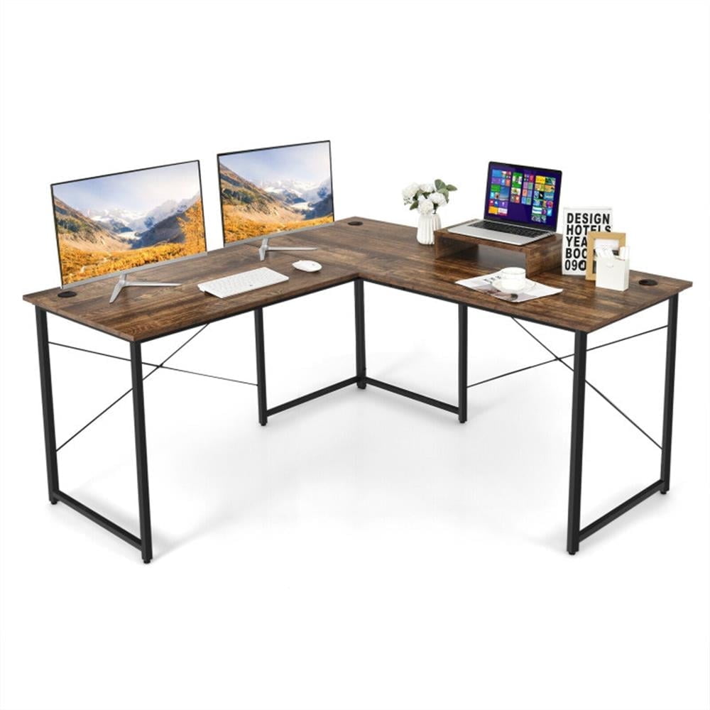 Demi Bonn 95" 2-Person L-Shaped Long Reversible Computer Desk with Monitor Stand, Small Home Office Desk Study Writing Table, Rustic Brown