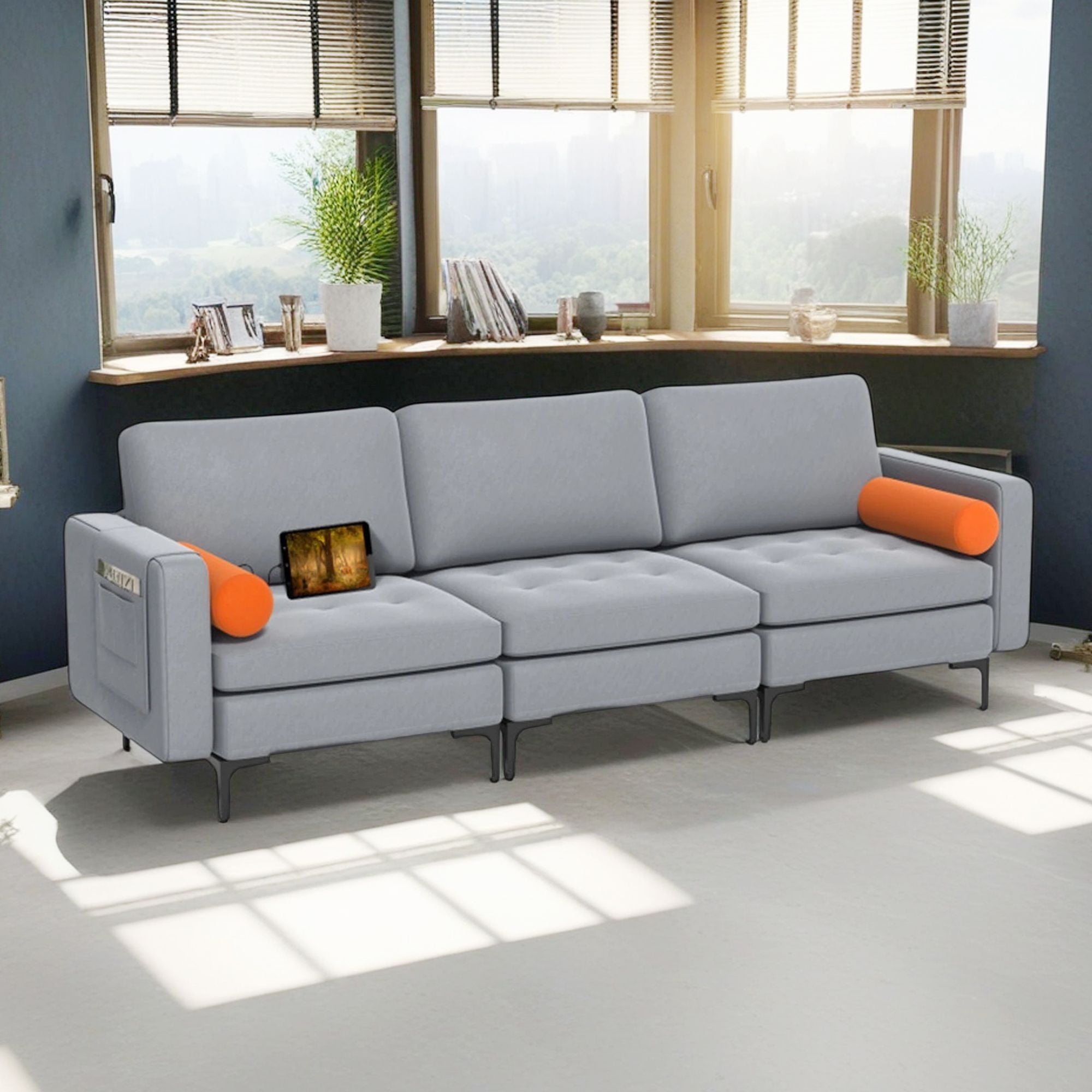 Demi Bonn 97" Modular 3-Seat Sofa Couch with Socket USB Ports and Side Storage Pocket for Living Room, Bedroom, Gray