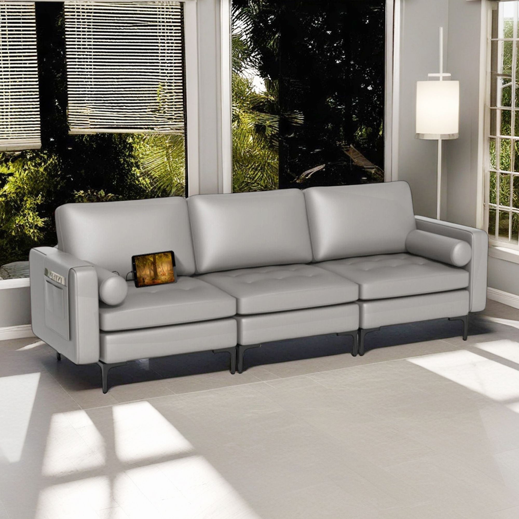 Demi Bonn 97" Modular 3-Seat Sofa Couch with Socket USB Ports and Side Storage Pocket for Living Room, Bedroom, Light Gray