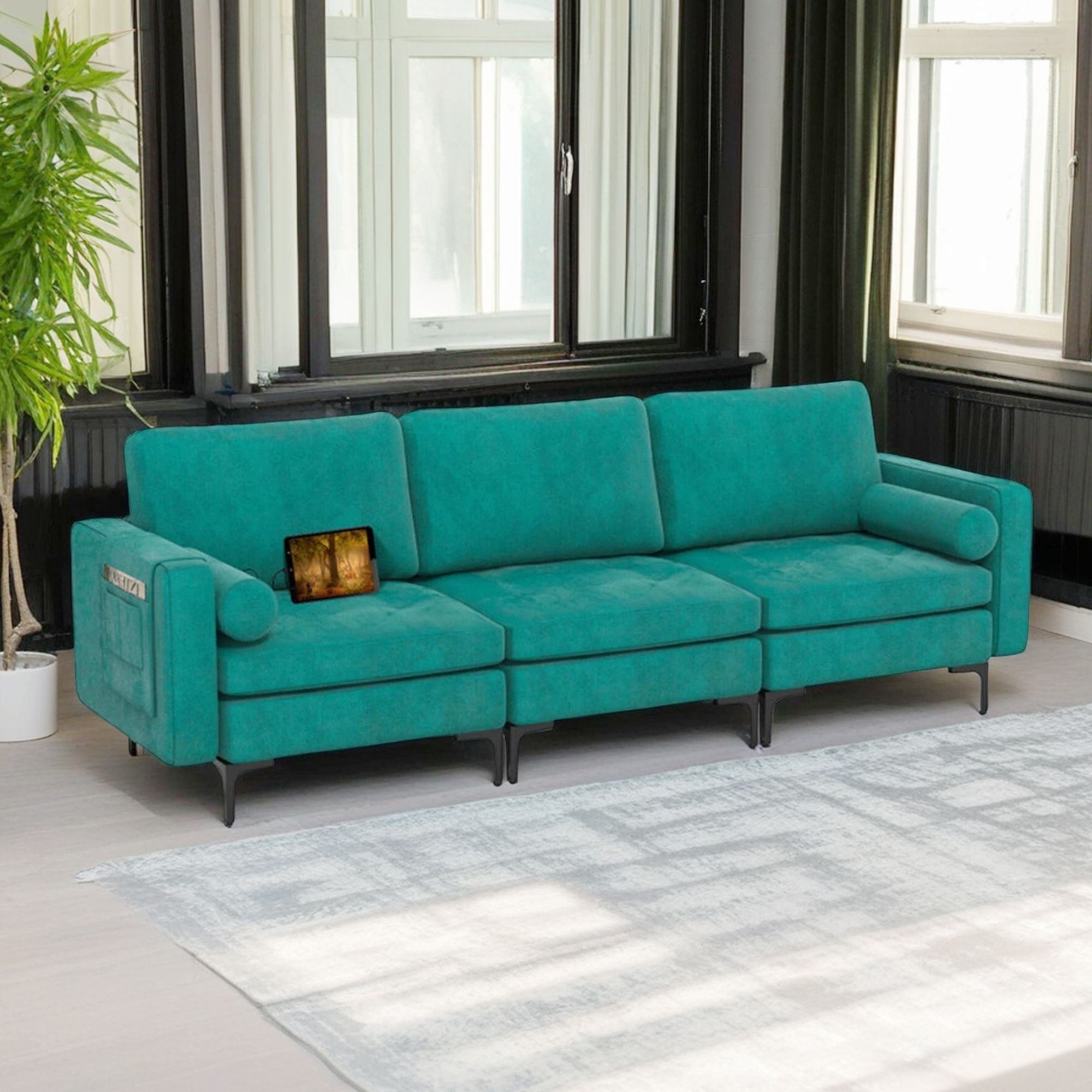 Demi Bonn 97" Modular 3-Seat Sofa Couch with Socket USB Ports and Side Storage Pocket for Living Room, Bedroom, Teal