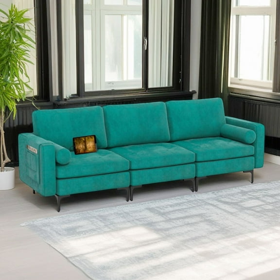 Demi Bonn 97" Modular 3-Seat Sofa Couch with Socket USB Ports and Side Storage Pocket for Living Room, Bedroom, Teal