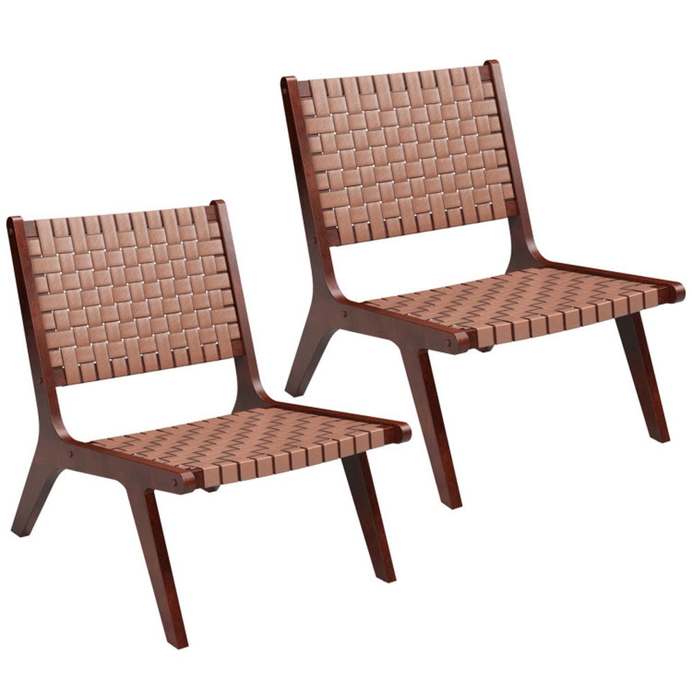 Finihen Accent Chair, Armless Accent Chair, Woven Leather Accent Chairs with Wood Frame-Set of 2, for Indoor, Outdoor, Brown Finihen Accent Chair, Armless Accent Chair, Woven Leather Accent Chairs with Wood Frame-Set of 2, for Indoor, Outdoor, Brown