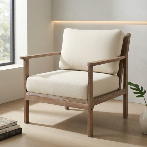 Demi Bonn Accent Chair, Upholstered Accent Armchair, Modern Accent Chair with Solid Rubber Wood Armrests, for Living Room, Bedroom, Reception Room, Beige