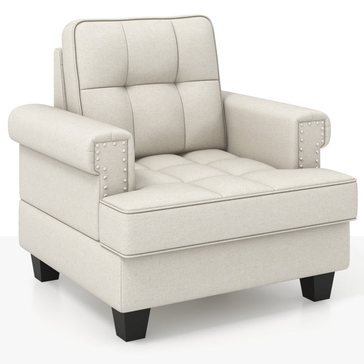 Finihen Accent Chair, Upholstered Accent Armchair, Mid-century Modern Accent Armchair Tufted Linen Club Chair, for Living Room, Bedroom, Reception Room, Beige Finihen Accent Chair, Upholstered Accent Armchair, Mid-century Modern Accent Armchair Tufted Linen Club Chair, for Living Room, Bedroom, Reception Room, Beige