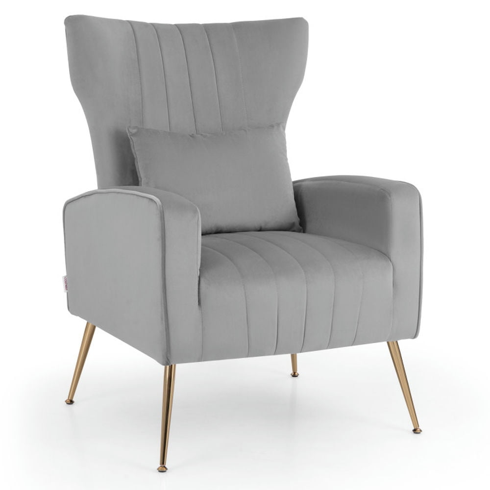 Finihen Accent Chair, Wingback Accent Armchair, Modern Accent Chair, Velvet Upholstered Wingback Chair with Lumbar Pillow and Golden Metal Legs, for Living Room, Bedroom, Gray Finihen Accent Chair, Wingback Accent Armchair, Modern Accent Chair, Velvet Upholstered Wingback Chair with Lumbar Pillow and Golden Metal Legs, for Living Room, Bedroom, Gray
