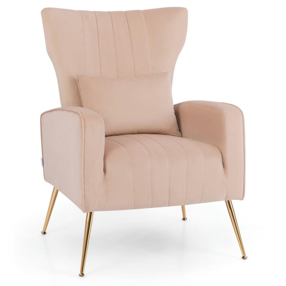 Finihen Accent Chair, Wingback Accent Armchair, Modern Accent Chair, Velvet Upholstered Wingback Chair with Lumbar Pillow and Golden Metal Legs, for Living Room, Bedroom, Pink Finihen Accent Chair, Wingback Accent Armchair, Modern Accent Chair, Velvet Upholstered Wingback Chair with Lumbar Pillow and Golden Metal Legs, for Living Room, Bedroom, Pink