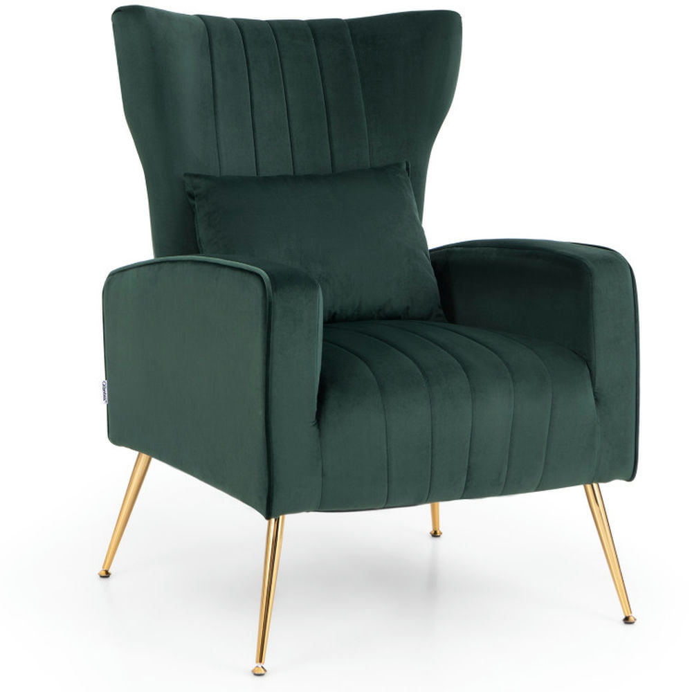 Finihen Accent Chair, Wingback Accent Armchair, Modern Accent Chair, Velvet Upholstered Wingback Chair with Lumbar Pillow and Golden Metal Legs, for Living Room, Bedroom, Turquoise Finihen Accent Chair, Wingback Accent Armchair, Modern Accent Chair, Velvet Upholstered Wingback Chair with Lumbar Pillow and Golden Metal Legs, for Living Room, Bedroom, Turquoise
